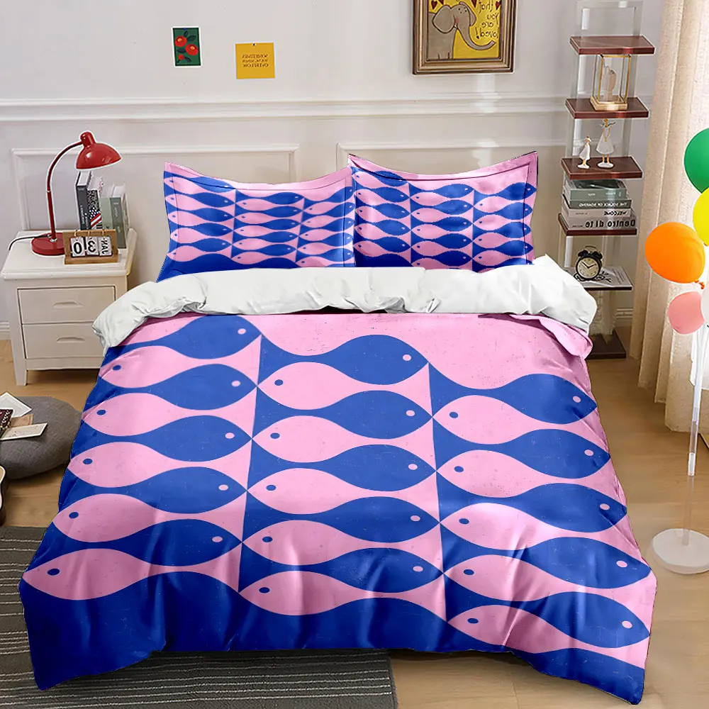 Abstract fish pattern in light blue Printed Duvet Cover Set 1 Duvet Cover+2 Pillowcase Multi Size Bedroom Bedding Decor