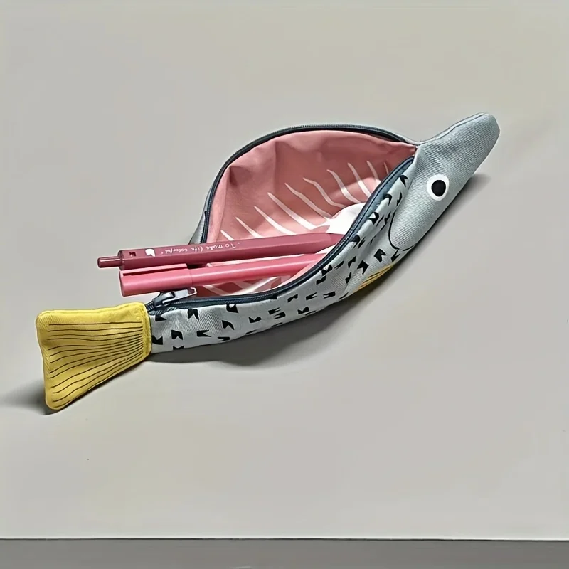 Fish Shape Novelty Pencil Case Fish Pen Bag Fish Coin Purse Funny Pencil Pouch with Simulated Fishbone Lining，Birthday Gift