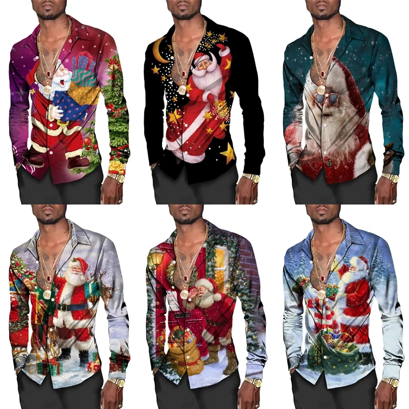 Christmas Long Sleeve Lapel Shirts Men Button Shirt 3D Printed Luxury Male Clothing Cool Casual Camisas Homme Pumpkin Tops