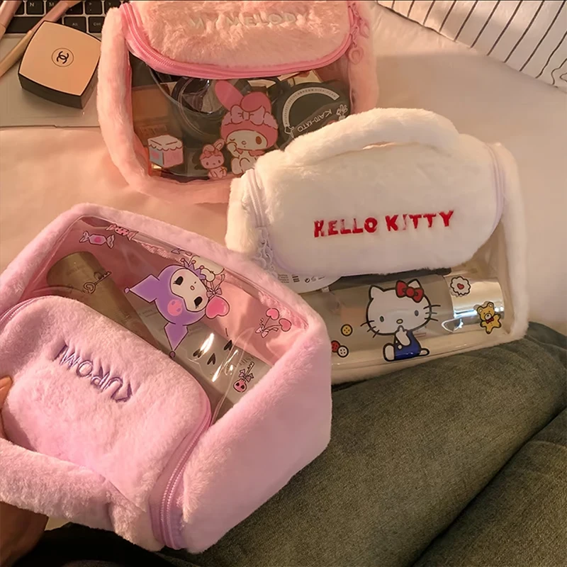 Bonito sanrio olá kitty saco de maquiagem figura dos desenhos animados melodia kuromi viagem portátil saco de armazenamento de cosméticos presentes de pelúcia meninas
