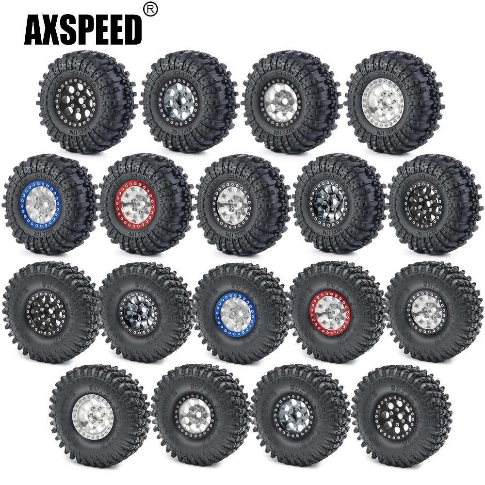 

AXSPEED 1.9inch Beadlock 107/120mm Rubber Tires + Aluminum Alloy Wheel Rims Set for Axial SCX10 D90 1/10 RC Crawler Car Model