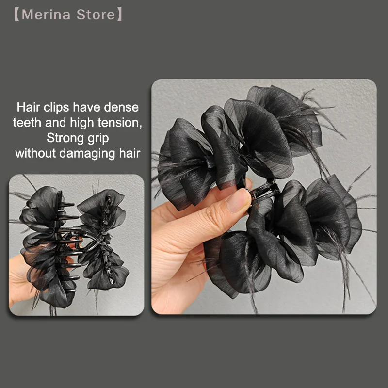 Garras de cabelo com laço de penas e fita para mulheres e meninas, presilha de cabelo versátil, simples e elegante, acessórios de cabelo da moda, presentes