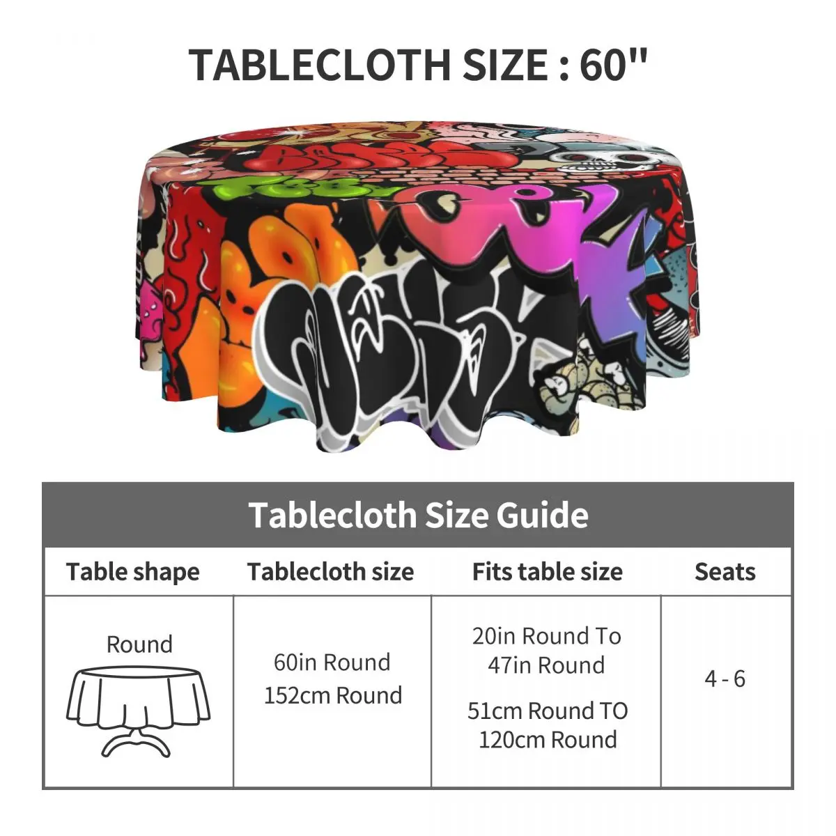 Word Graffiti Round Tablecloth Urban Dynamic Street Art Waterproof Table Cloth Modern Home Party Dining Room Graphic Table Cover