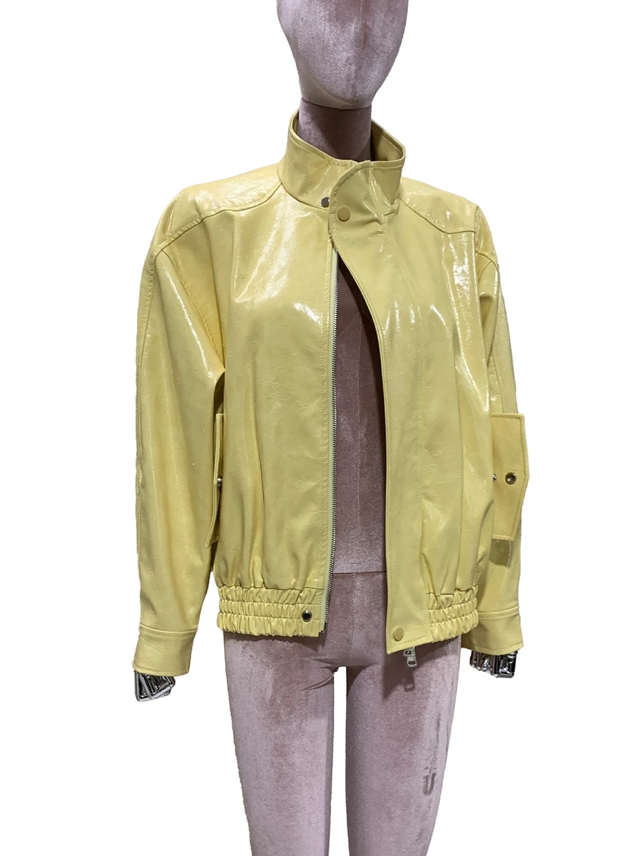 Spring Autumn Short Windproof Shiny Bright Yellow Pu Leather Jacket Women Stand Collar Chic Luxury Designer Clothes Fashion 2025
