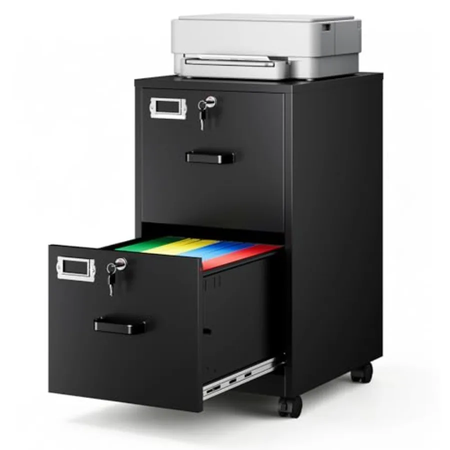 2-Drawer Rolling File Cabinet with Lock, Mobile Vertical File Cabinet for Hanging A4/Letter/Legal Size Folder, Under Desk Small