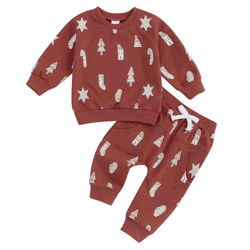 

Toddler Christmas Print Sets Long Sleeve Round Neck Sweatshirt Drawstring Long Pants Outfits