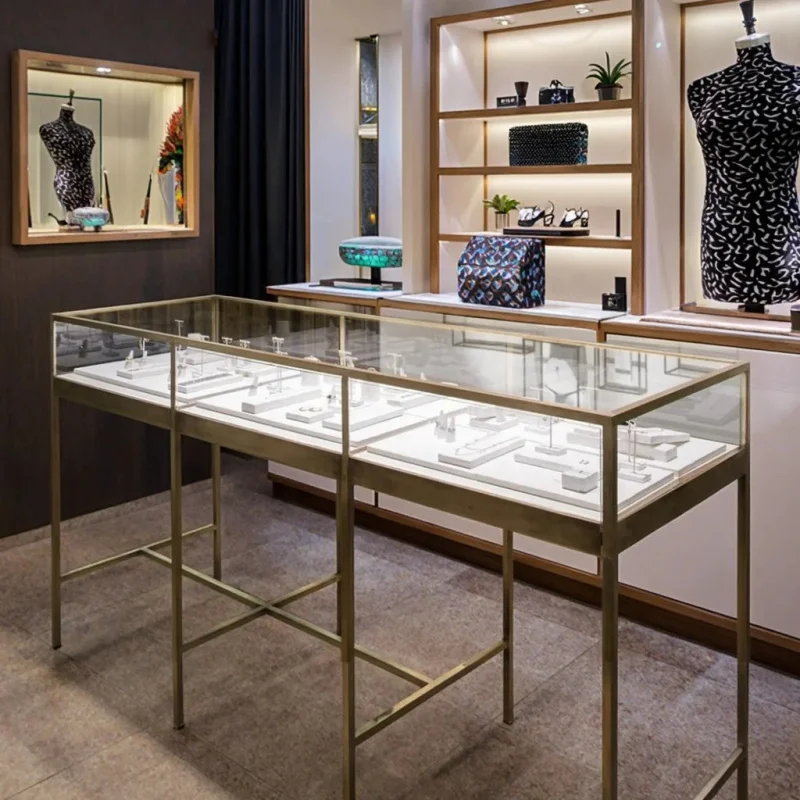 custom.Quality Glass Metal Frame Drawer LED Lighting Streamline Display Retail Store Used Jewelry Showcase