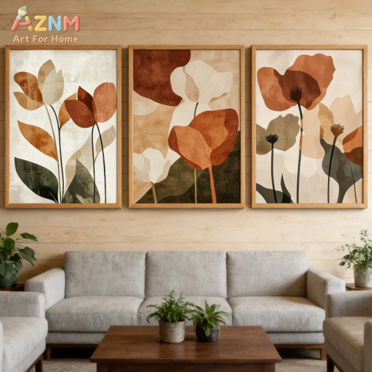 3PCSAZNM 3-teiliges Boho-Set mit abstrakten Blumenmotiven auf Leinwand, Terrakotta-Mohnblumen- und neutraletoniger Druckdruck, ungerahmte Leinwandkunst