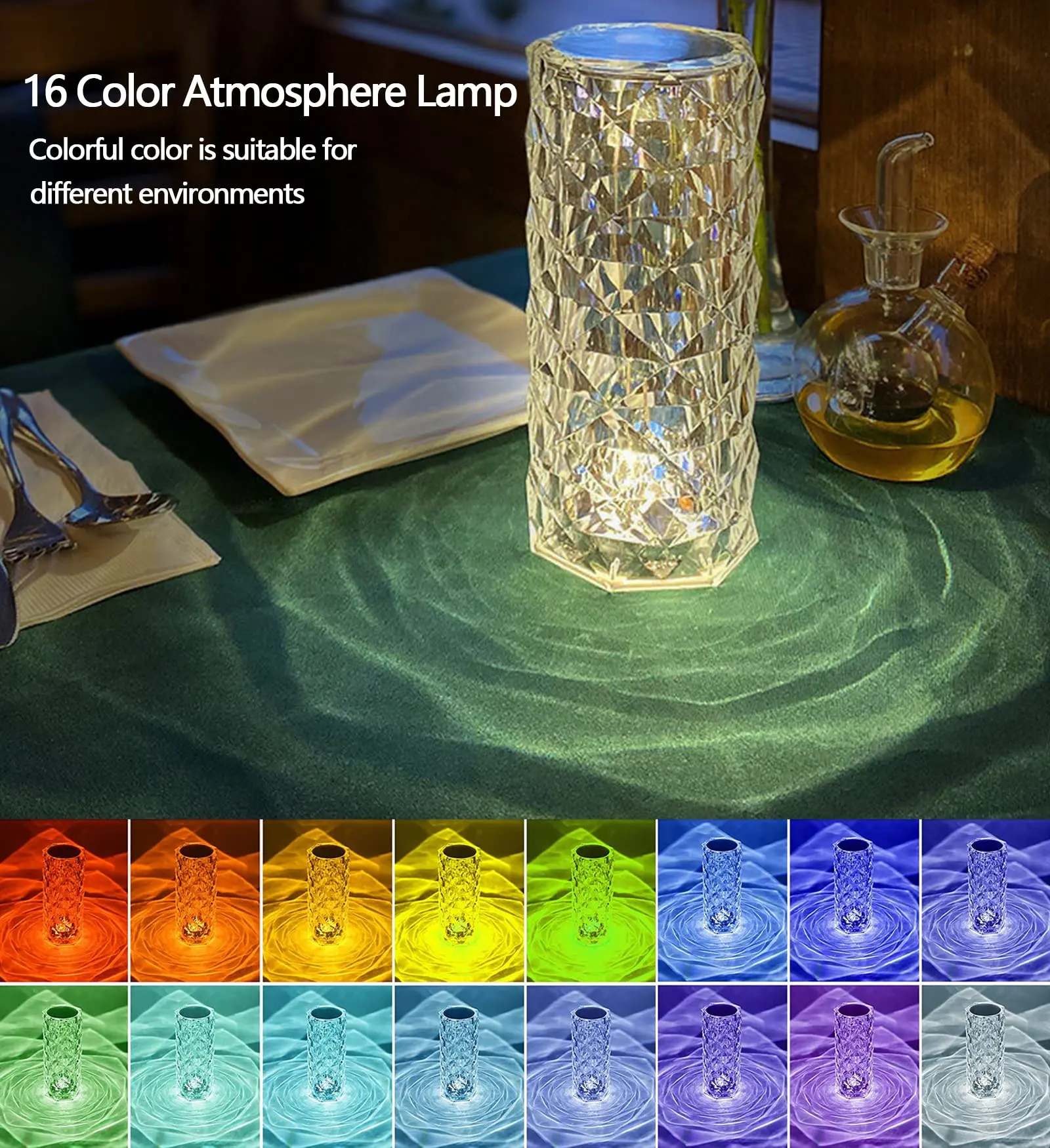 16 Colors Crystal Table Lamp Rose Light Romantic Diamond Atmosphere Light USB Touch Night Light for Bedroom Desk Party Decor