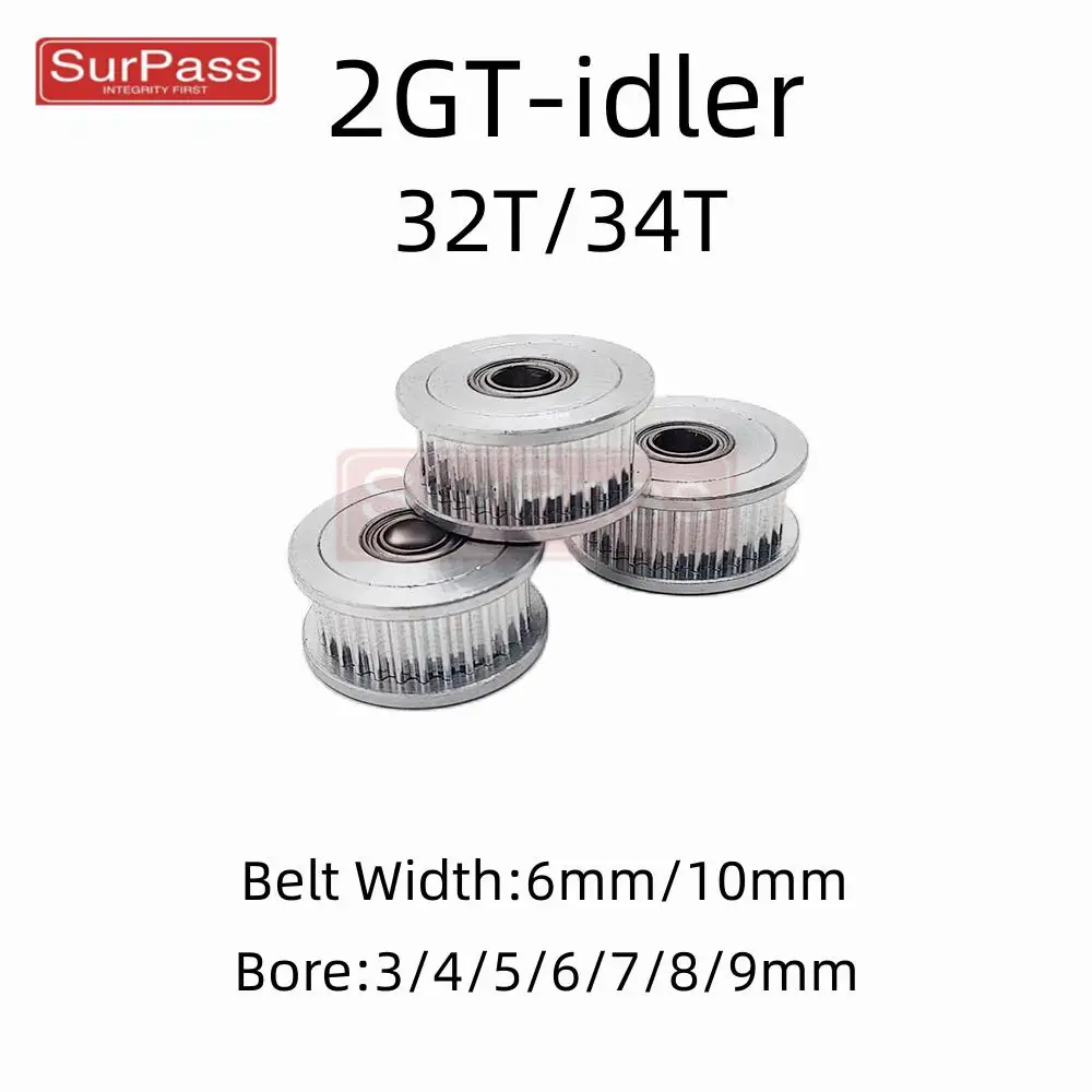 GT2 2GT 32T/34T Teeth Synchronous Timing Idler Pulley Bore 3/4/5/6/7/8/9mm With Bearing For 6/10mmBelt 3D Printer Accessories