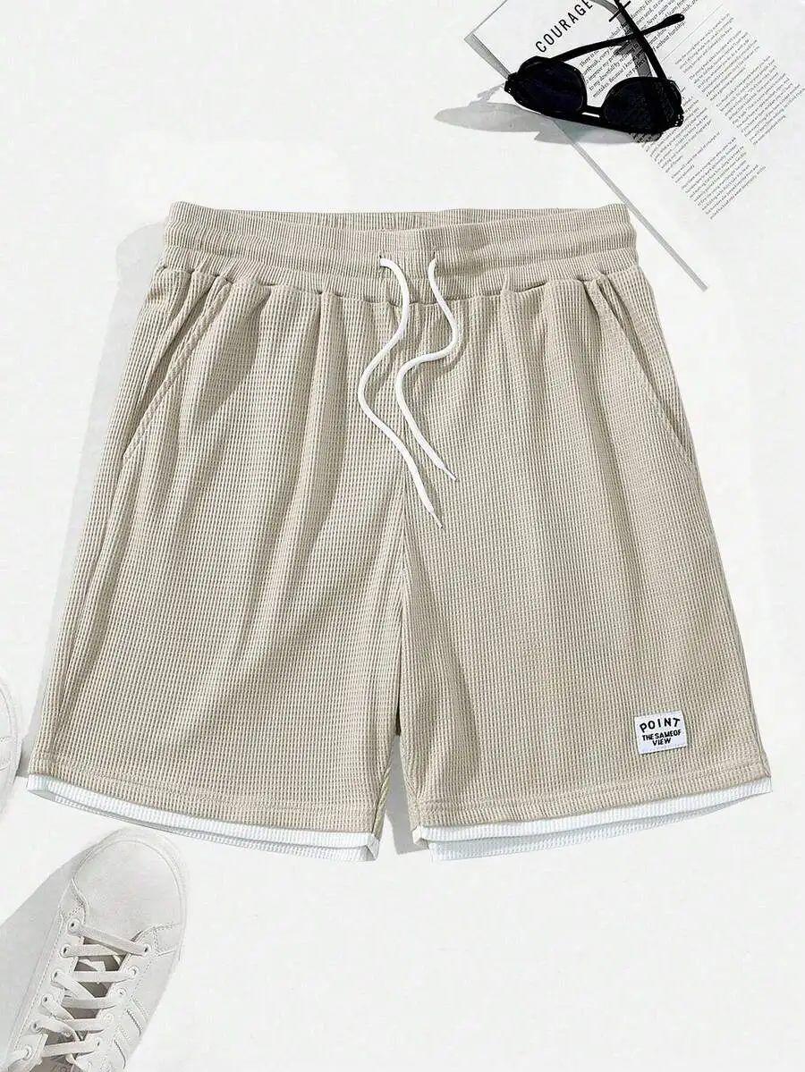 

Mens Breathable Waffle Knit Drawstring Shorts With Contrast Trim, Casual Beach Vacation Wear