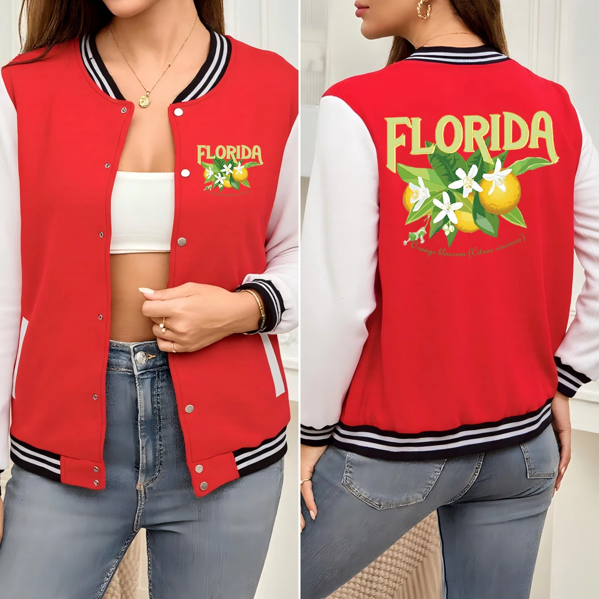 

Женская бейсбольная куртка с узором оранжевого цвета Флориды, красочная универсальная уличная одежда, осенний свободный трикотаж, мягкий хлопковый женский топ