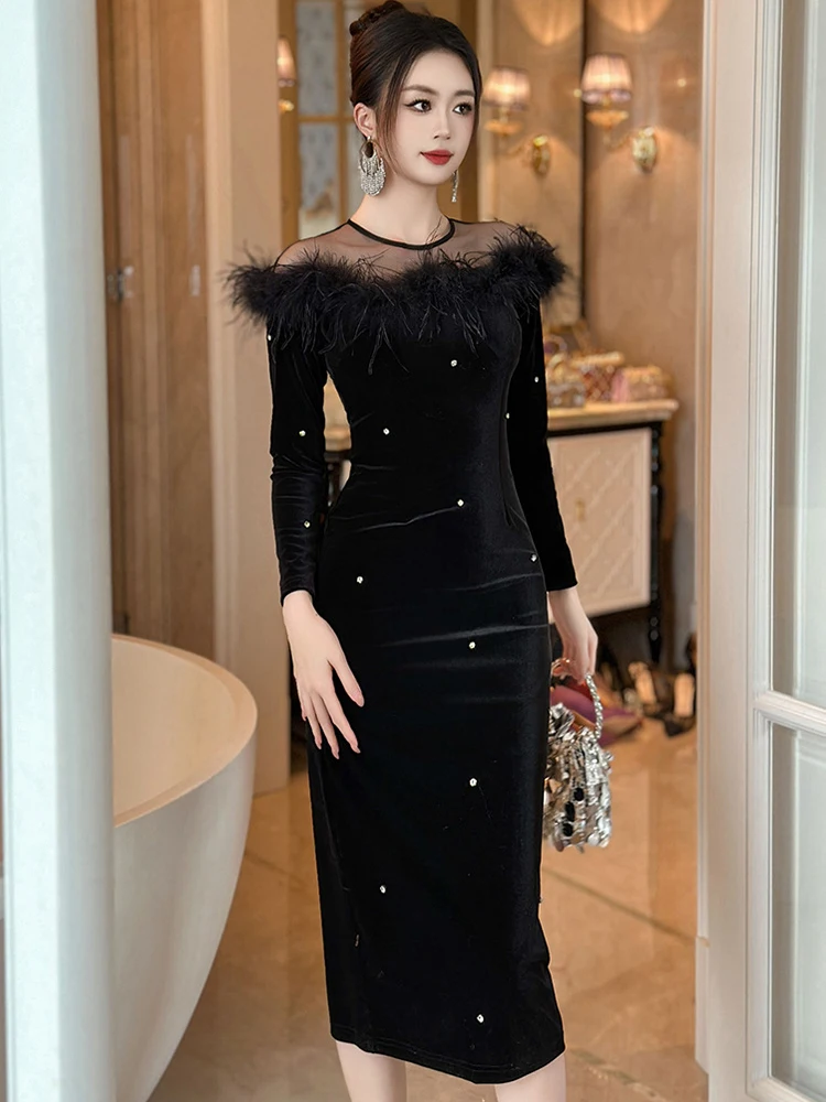 Women's Fashion Retro Party Dresses Elegant Black Velvet Sheer Mesh Splice Diamonds Bodycon Robe Lady Cocktail Vestidos Fiesta