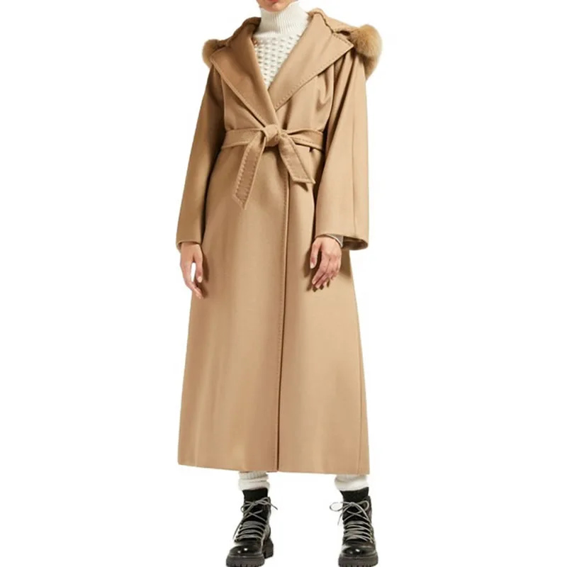 New Women Camel Color Winter Woolen Coat Fashion Long Sleeve Loose Hoodes Coat