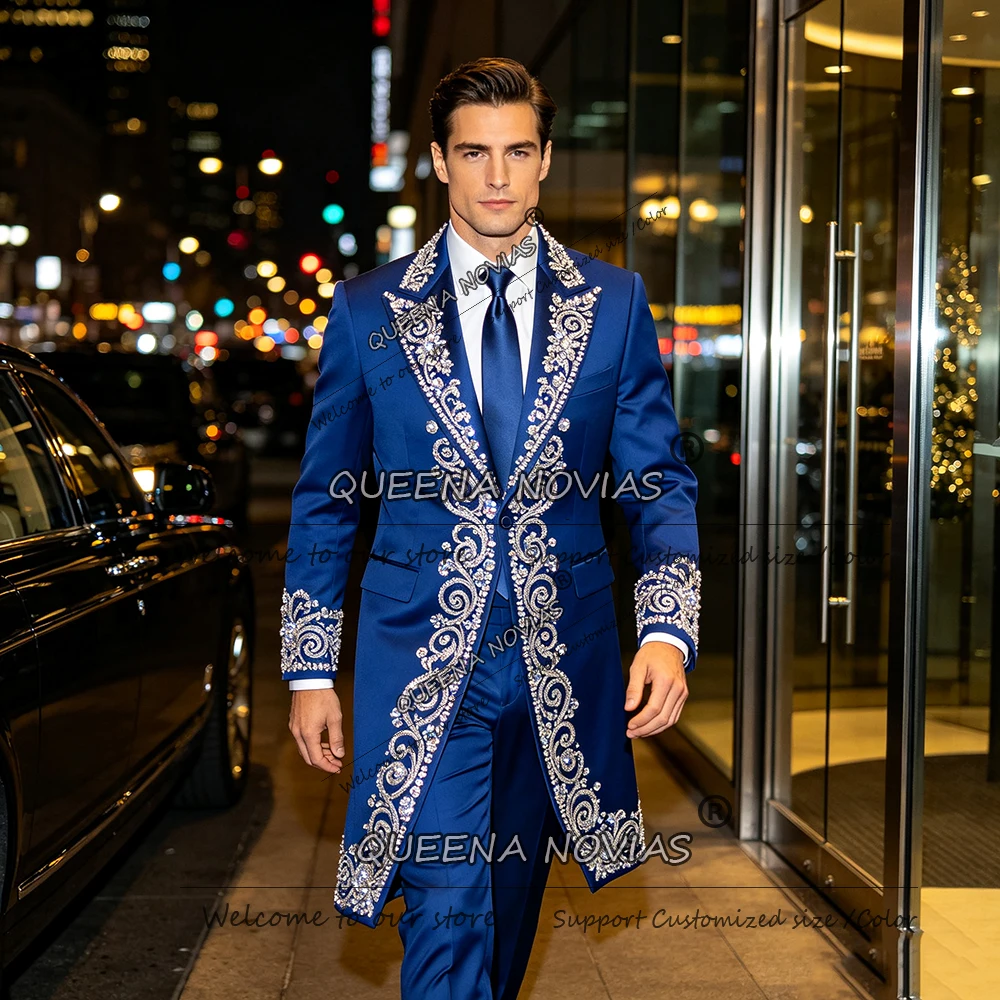 Brilliant Solid Long Suit Men For Wedding Sliver Rhinestone Beaded Jacket Pants 2 Pieces Sets GroomTuxedo Customized Ropa Hombre