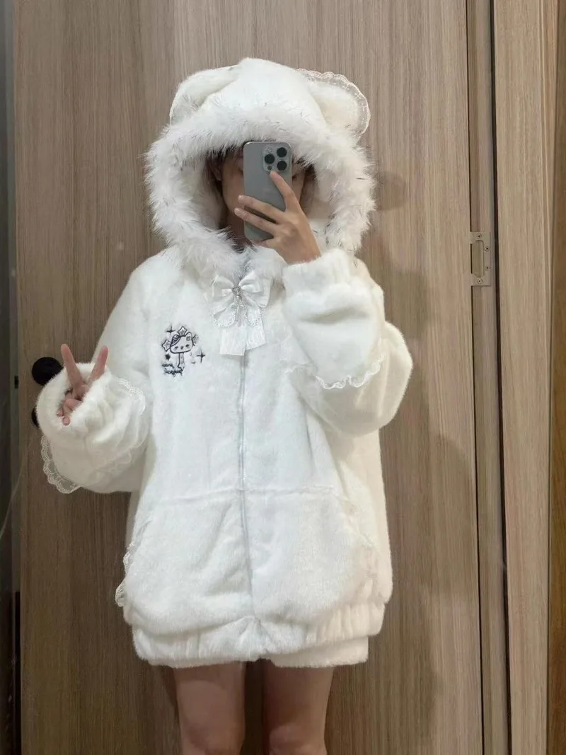 Süße, niedliche Fleece-Mäntel, verdickte Kapuzenjacken mit Kunstfellkragen, Ohren, Schleife und Spitze, weiße Y2k-Ästhetik-Oberteile, Kapuzenpullover mit Katzenstickerei