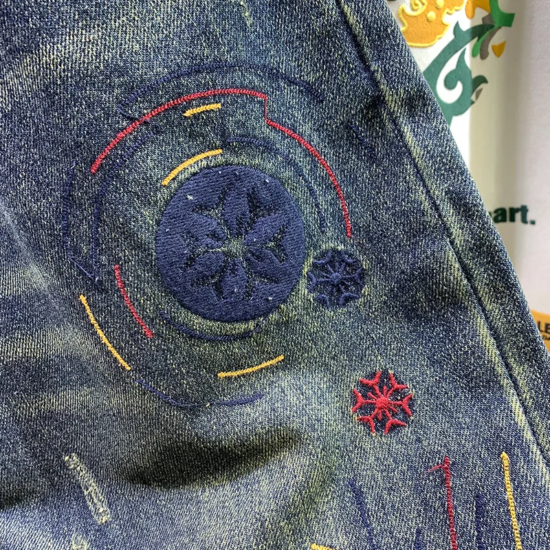 High Street Trendy Brand Retro Piercing Trendy Embroidered Jeans Men's Four Seasons Loose Large Straight Leg Pants