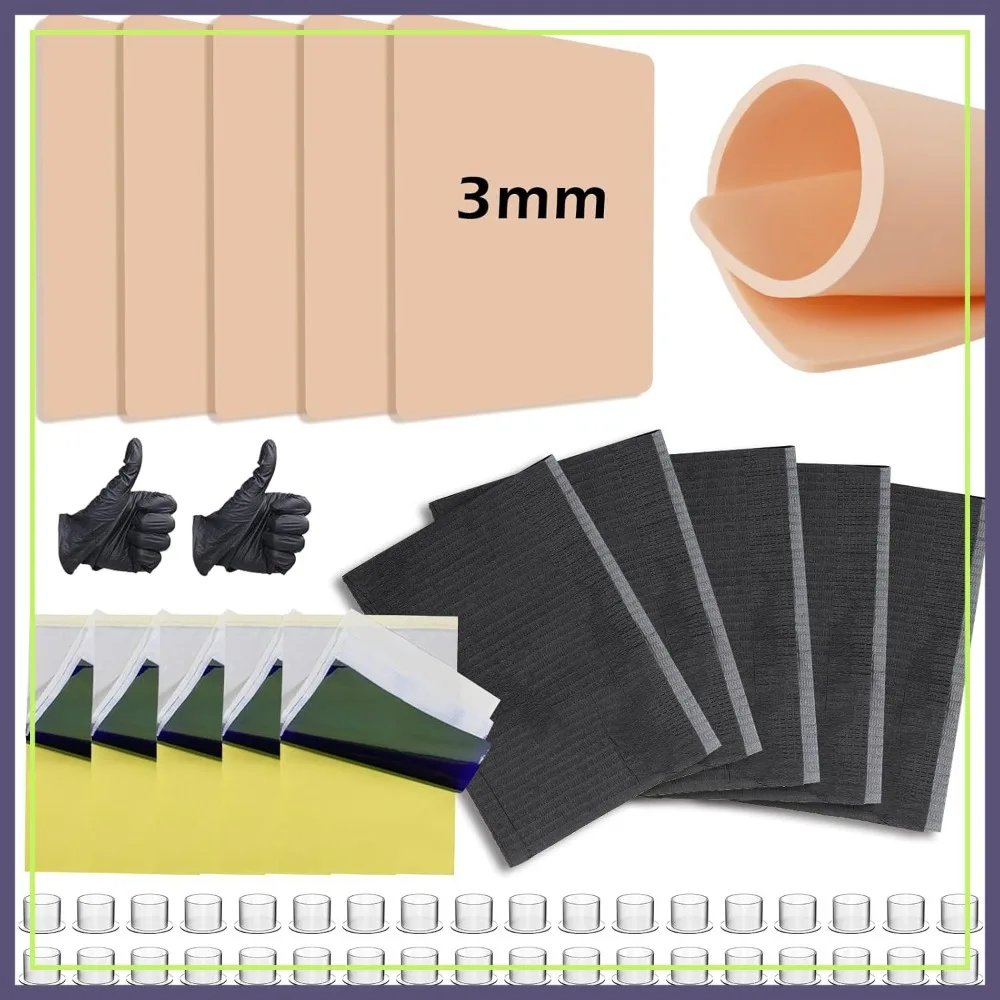 

67 Pcs Tattoo Practice Kit for Beginners: Realistic Training Set with Thickened Fake Skin, Transfer Paper, Dental Bibs & Ink Caps - Safe Home Mastery