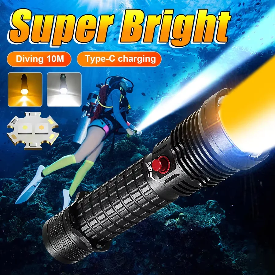 

Rechargeable LED Flashlight for Deep Diving High Power Dual-Color Strong Light Underwater Snorkeling Lamp with Built-In Battery