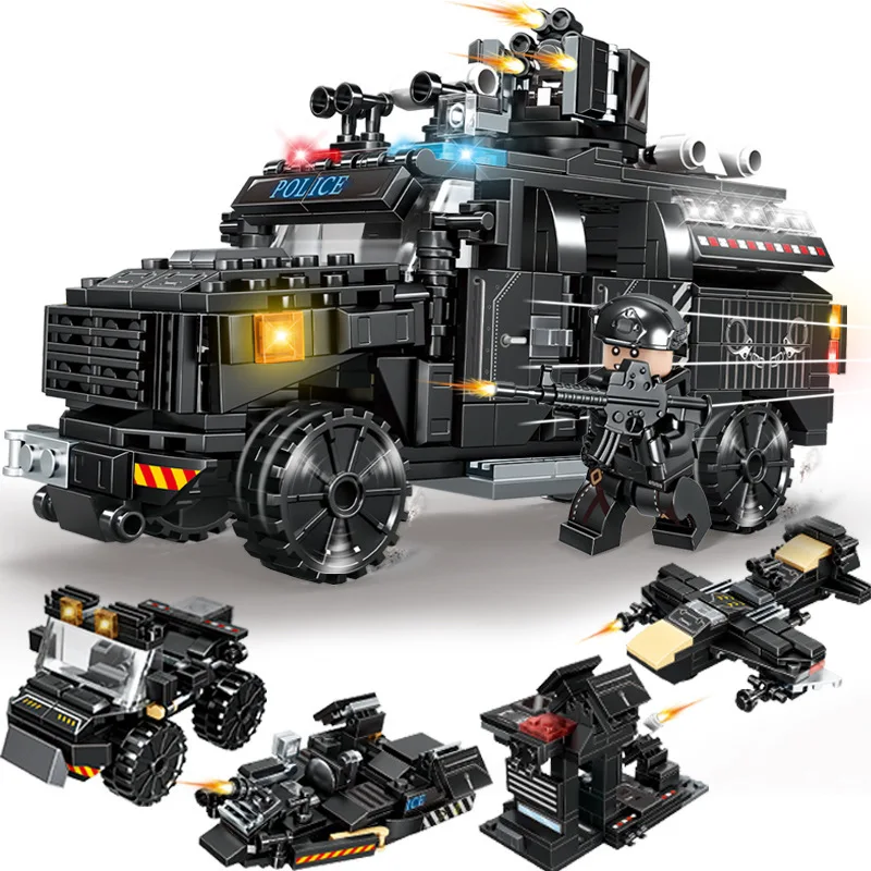 4-IN-1 SWAT City Armored Helicopter Vehicle Combat Ship & S.W.A.T. Saber Toothed Tiger Truck Building Block Set Kids Toys