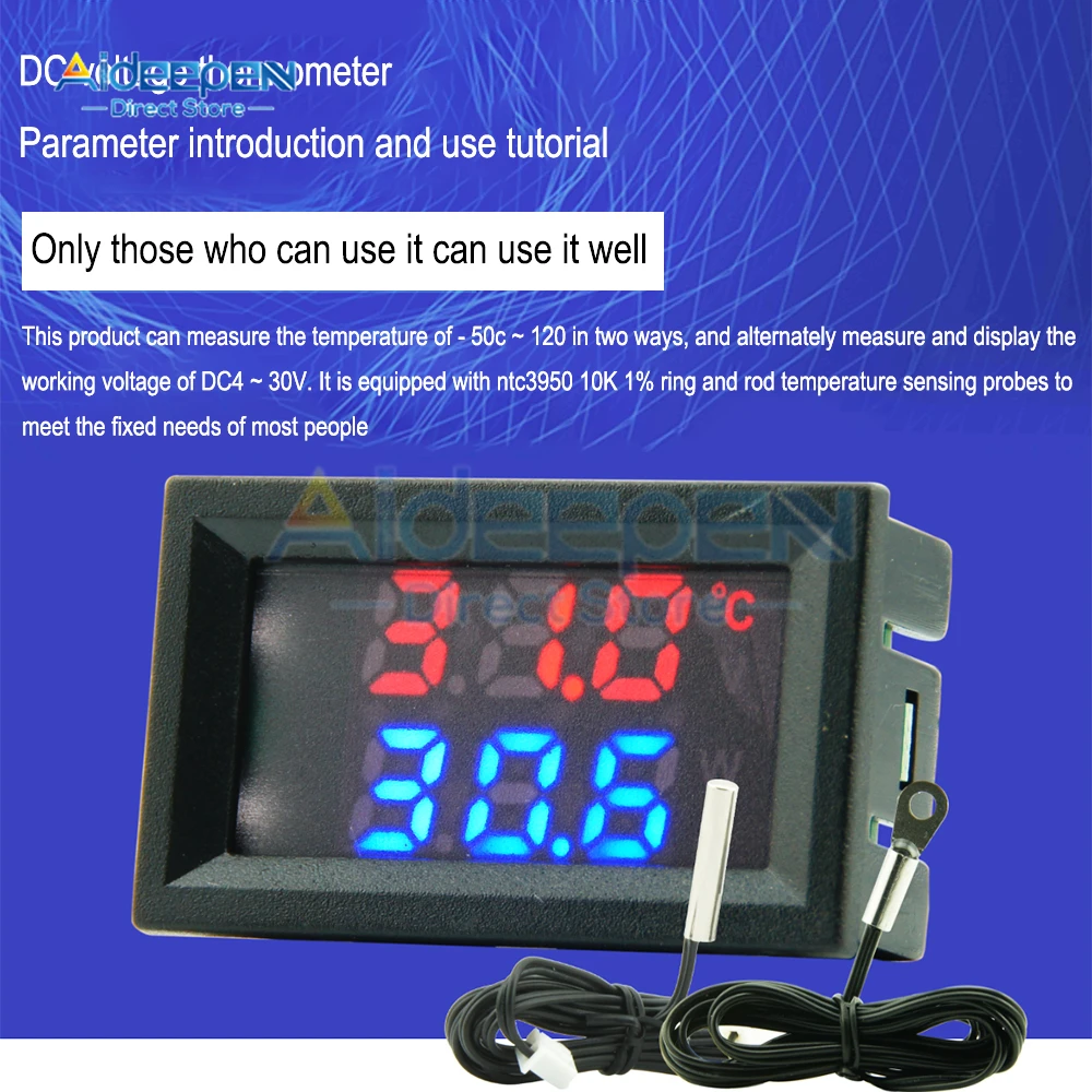 DC 4-30V LED Display Dual Digital Voltmeter Temperature Sensor Thermometer Voltage Tester With NTC 3950 Probe Cable -50~120℃