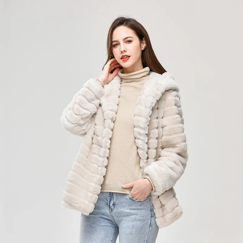 2024 New Imitation Faux Fur Women\'s Hooded Casual Loose Warm Coat Female Fashion Jacket Thick Warm Snow Slim Girls Outerwear