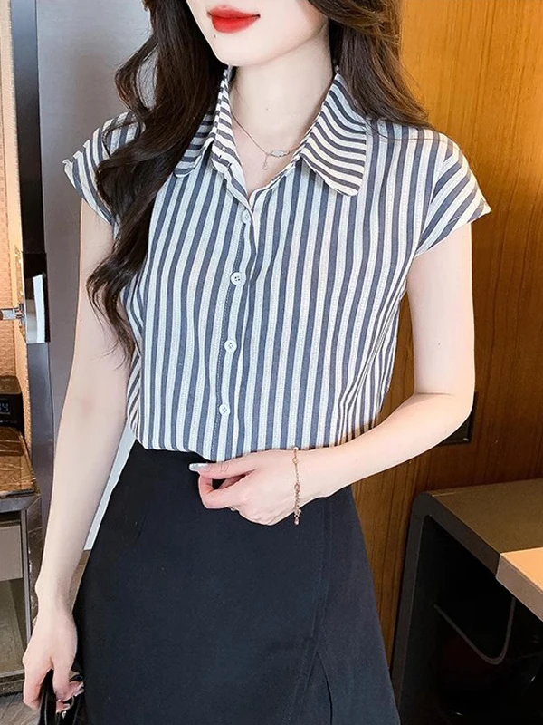 

Ele Stripe irt Women's Faionable Guangzhou Thirteen Small Flng Sve irt High-End Lightweight Top for Women