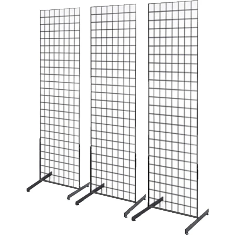 2' x 6' Grid Wall Panel Floorstanding Art Display Fixture with Deluxe T-Style Base, Black or White. Three-Pack Combo. (BLACK)