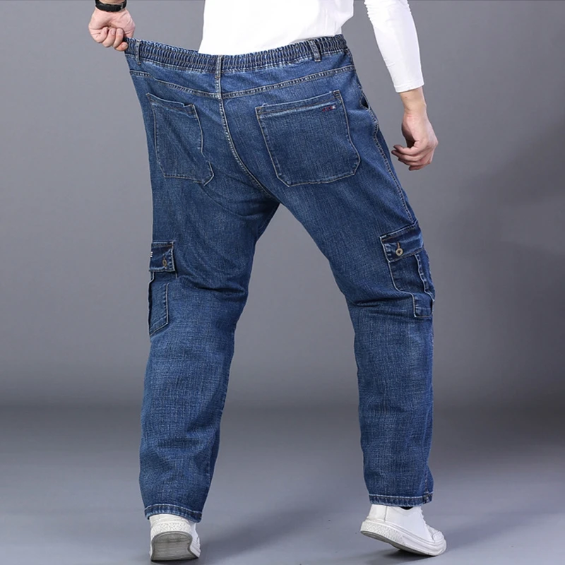 Autumn and winter plus size men\'s casual stretch jeans 9XL 8XL 7XL fashion multi-pocket loose high waist straight long jeans.