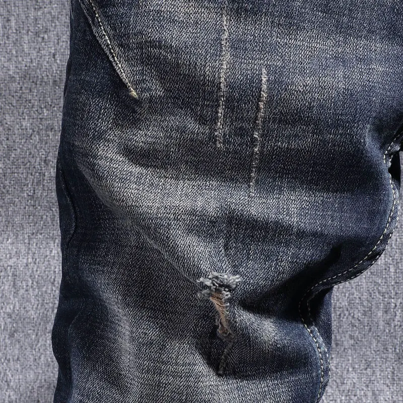 Fashion Vintage Men Jeans Retro Black Blue Stretch Slim Fit Ripped Jeans Men Trousers Spliced Designer Casual Denim Pants Hombre
