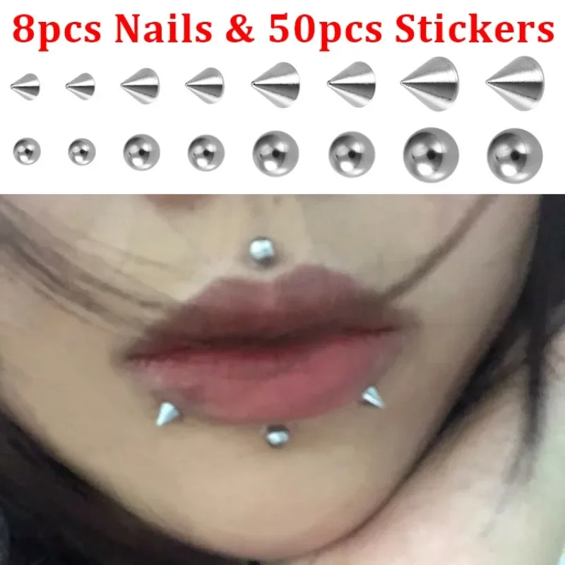 8pcs Fake Lip Nails & 50pcs Stickers Eyebrow Ear Stud Non Piercing Earring Studs Teens Hip Hop Fake Nose Ring Body Jewelry Gift