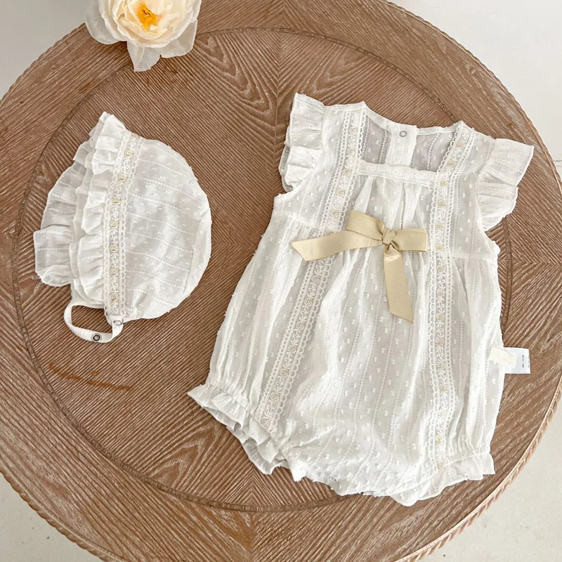 2Pcs Summer Baby Jumpsuit Hat Cotton White Lace Baby Girl Clothes Ruffle Sleeves Infant Romper for Girls Outfit Toddler Onesie