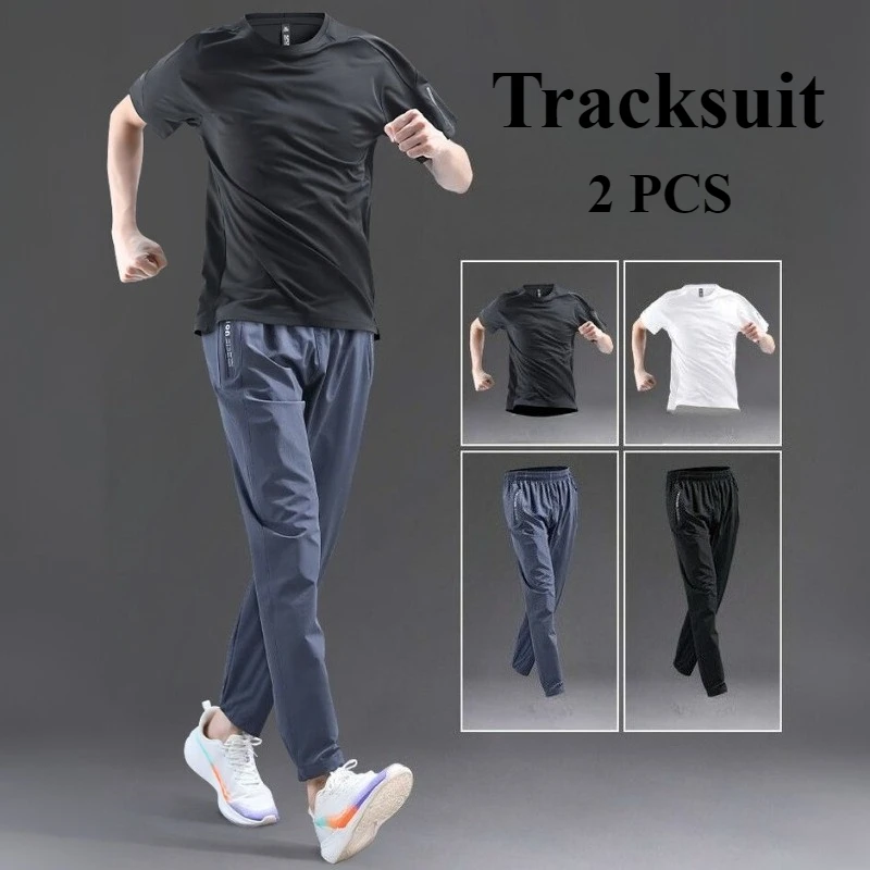 

Men Bodybuilding 2 PCS Sportswear Fitness Gym Shirts Elastic Training Clothes Workout Short Sleeves Pants Running Tracksuit