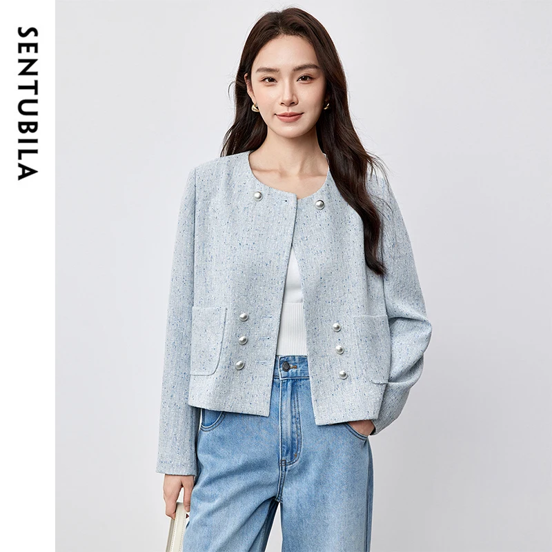

SENTUBILA Korean Popular Women's Jackets Office Lady Straight Crew Neck Metal Double Breasted Luxury Party Outerwear 151W58655
