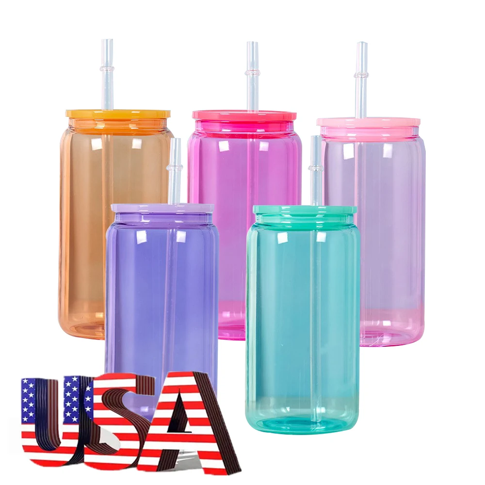 USA Warehouse 25/50Packs 16oz Jelly Beer Juice Glass Tumbler Transparents Colored Sublimation Glass Can with Plastic Lid