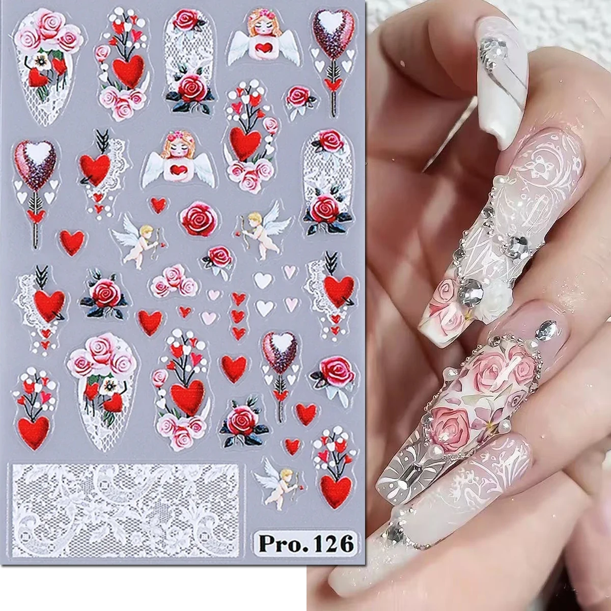 5D Embossed Nail Art Decals Valentine Day Loves Hearts Trees Pink Red Roses White Laces Nails Stickers Decorations For Manicure