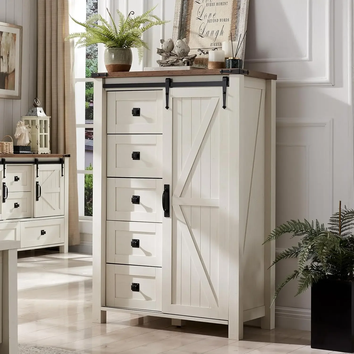 5 Drawers Dresser for Bedroom w/Sliding Barn Door, Farmhouse Modern Tall Dresser 5 Chest of Drawers, Storage Organizer D