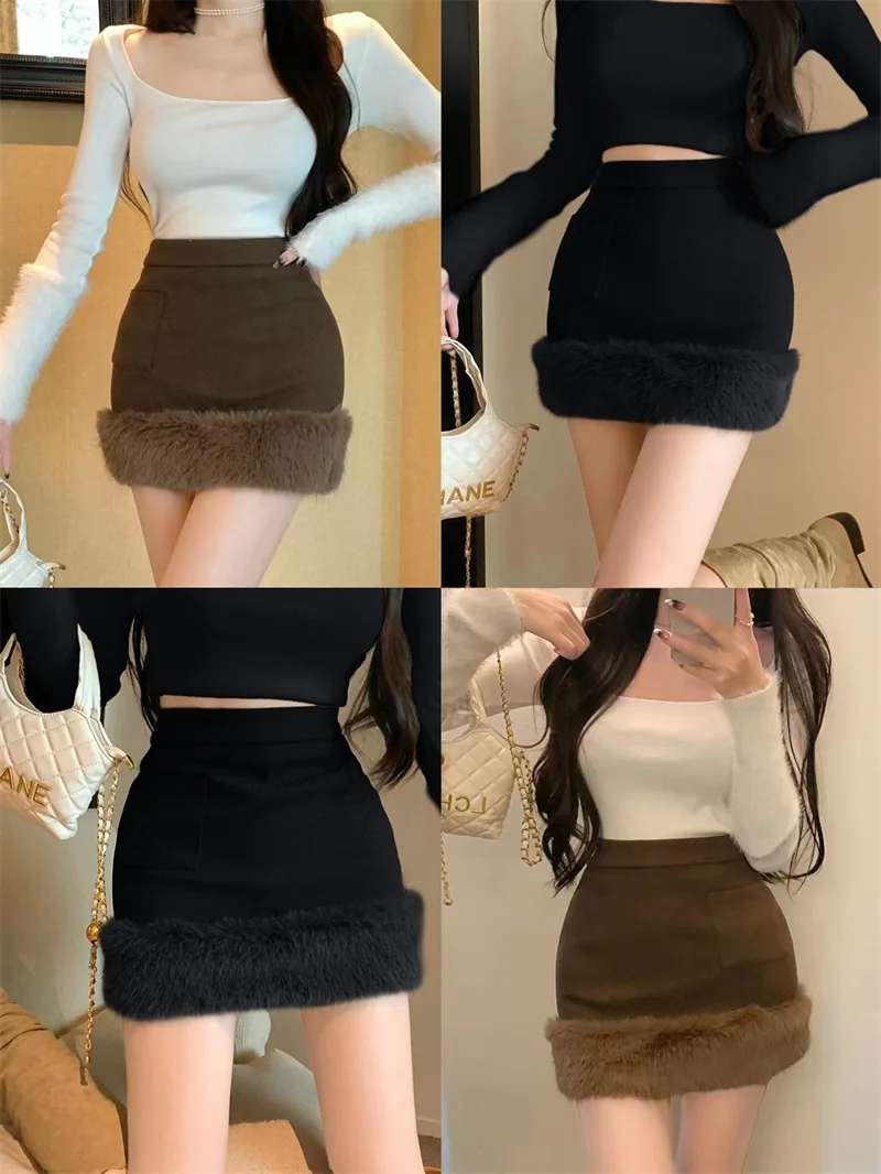 Fur Women\'s Autumn Fragrant Wind Woolen High Waist A-line Wrapped Hip Short Skirts Black Y2k Skirt Casual Jupe Faldas Mujer