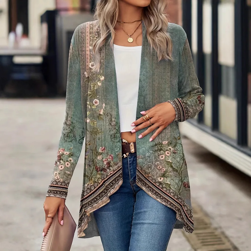 

Осень 2022, европейский и американский кардиган, без пряжек, с длинными рукавами, с растительным цветочным принтом, женский плащ-накидка