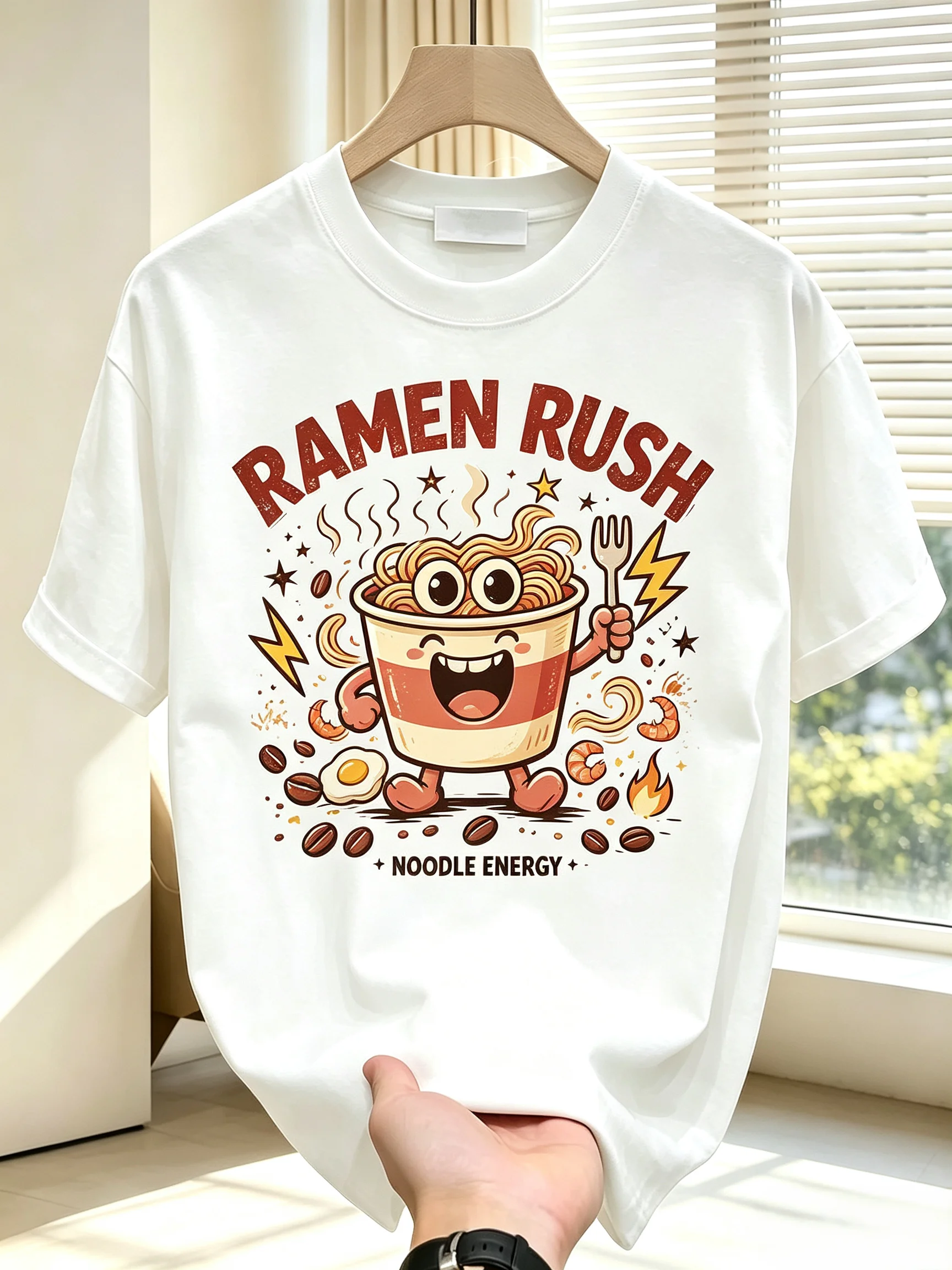 Unisex Ramen Rush Cartoon Graphic T Shirt Men Women Cute Noodle Bowl Shrimp Egg Print Oversized Crew Neck Short Sleeve Tee Japanese Food Casual Streetwear Cotton Top