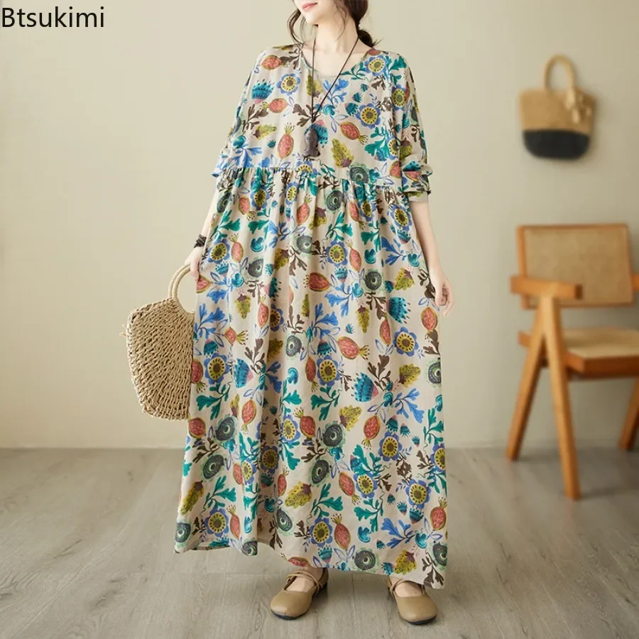 特大女性フラワープリントロングドレスヴィンテージカジュアルルーズプリーツレディースドレスコットンリネン快適な休日 Vestidos ファム