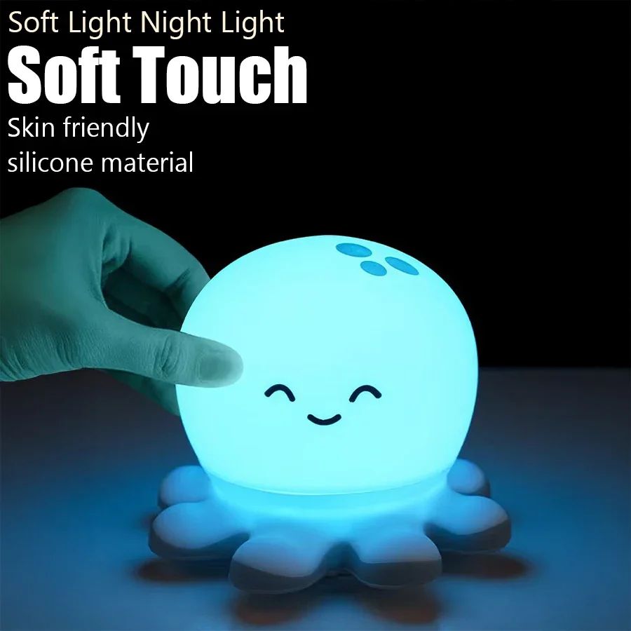 Rechargeable Book Night Light Octopus Whale Cartoon LED Lamp Multi Color Mode Soft Silicone Touch Bedside Reading Lamp Camping
