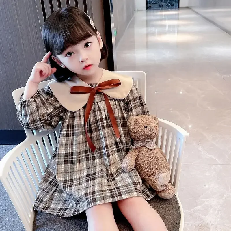

Girl Cute Doll Collar Checkered Dress Spring and Autumn 2026 New Style Children's Casual Collar Long Sleeve Dress 90-130CM