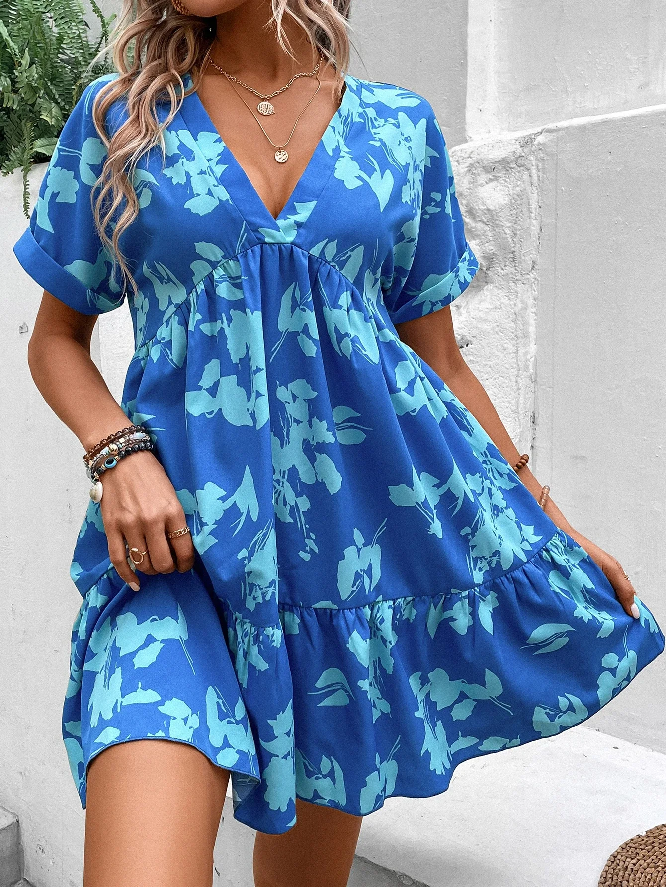 Floral Print Batwing Sleeve Ruffle Hem Smock Dress Beach Vacation Outfit Women