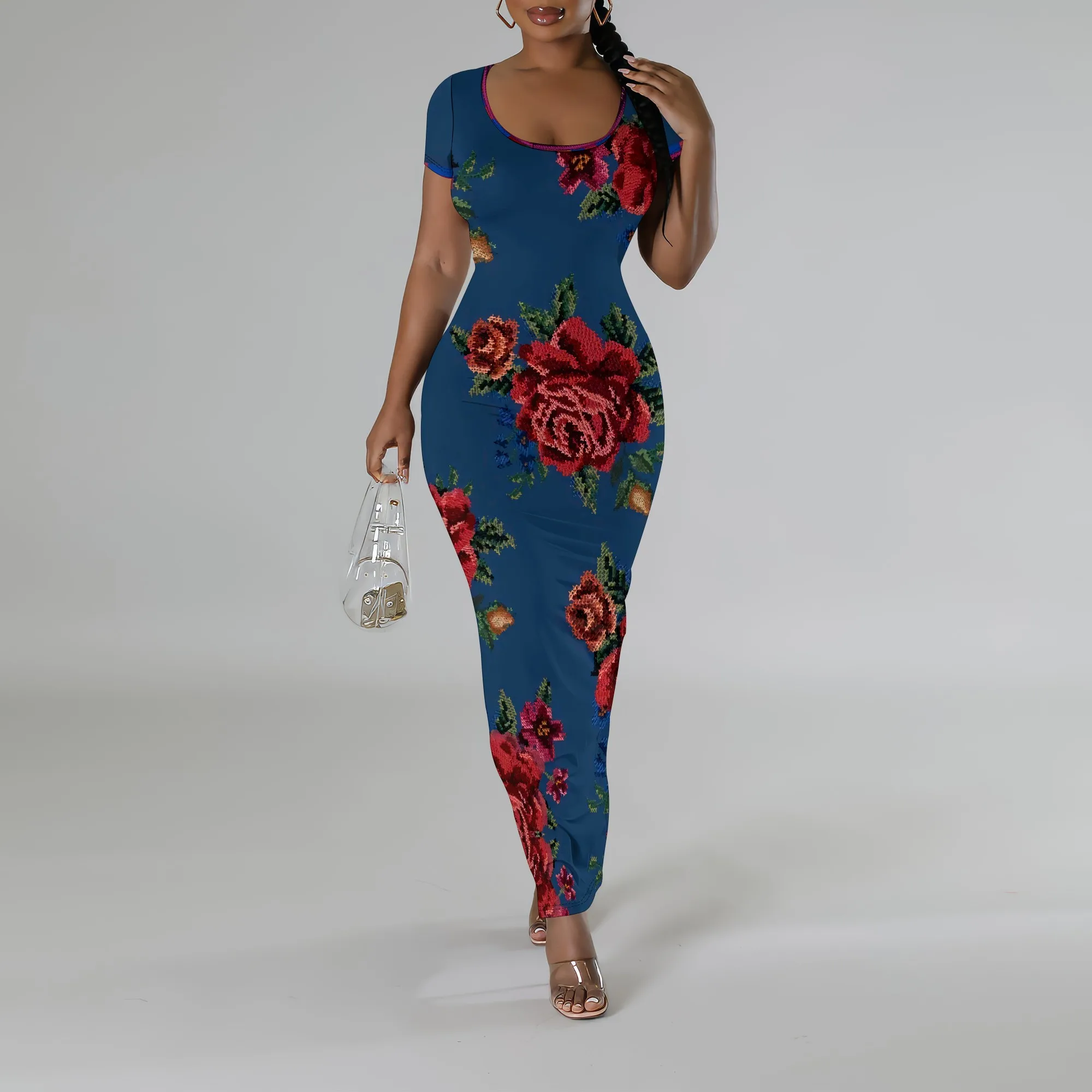

SheFirstStyle Women’s Floral Print Bodycon Dress Blue Rose Short Sleeve Elegant Summer Maxi Dress
