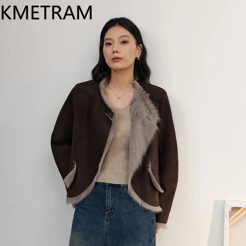

KMETRAM натуральная тосканская овчина с шерстяными прикрепленными пальто, женская роскошная коричневая короткая шуба из натурального меха, зимняя одежда 2025 Fourrure