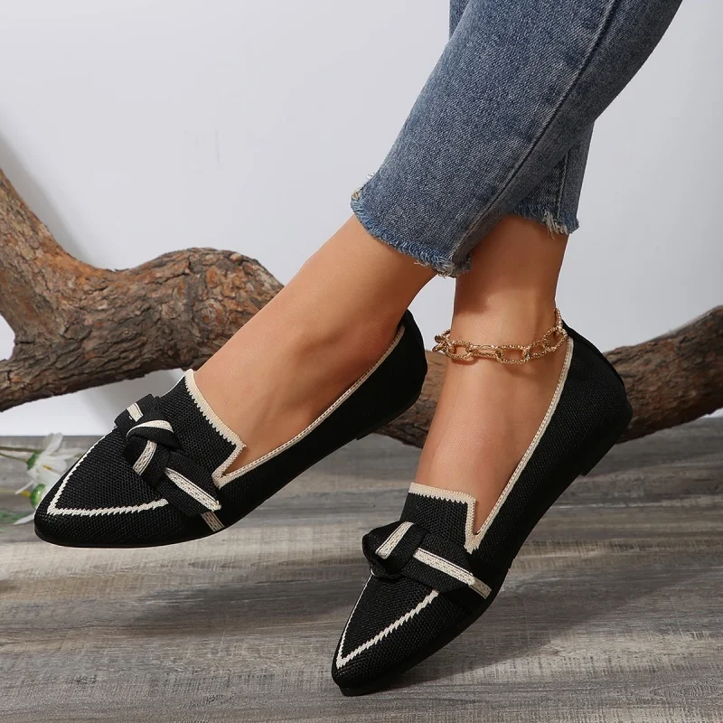 Mocassins leves e confortáveis femininos, gravata borboleta, sapatilhas de balé, bico fino, macio, descalço, malha multicolorida, casual, bailarina