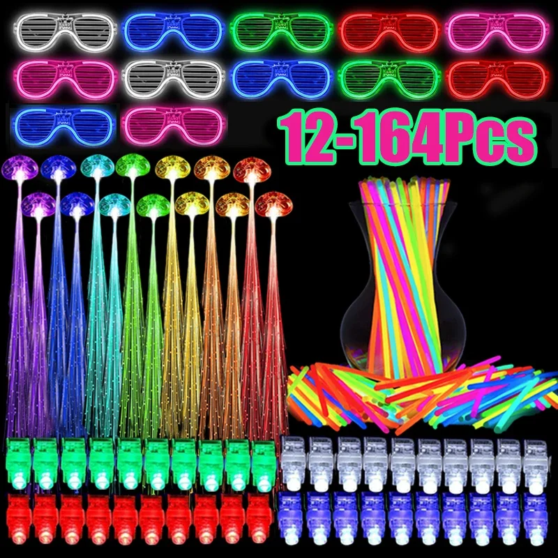 12-164Pcs Light Up Party Favors LED Glow Glasses Bright Glow Sticks Finger Lights LED Lights Hair Barrettes for Glow Party