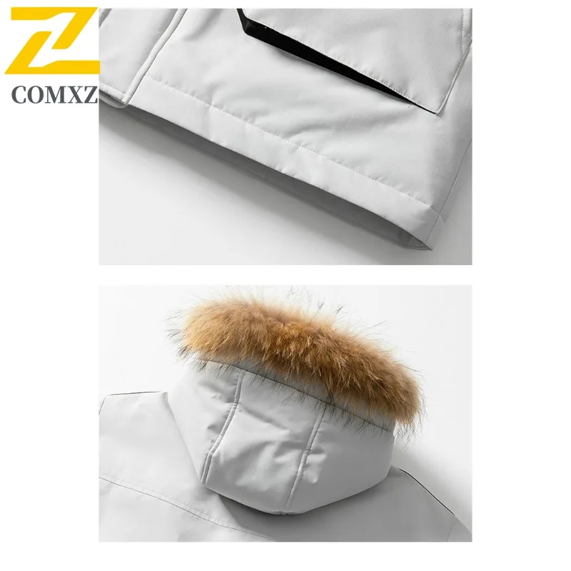 COMXZ رجل سترة منفوخة جديد الفراء طوق هود الثلوج رشاقته الدافئة أسفل معطف 90 في المئة الأبيض بطة أسفل يندبروف الخريف سترة واقية