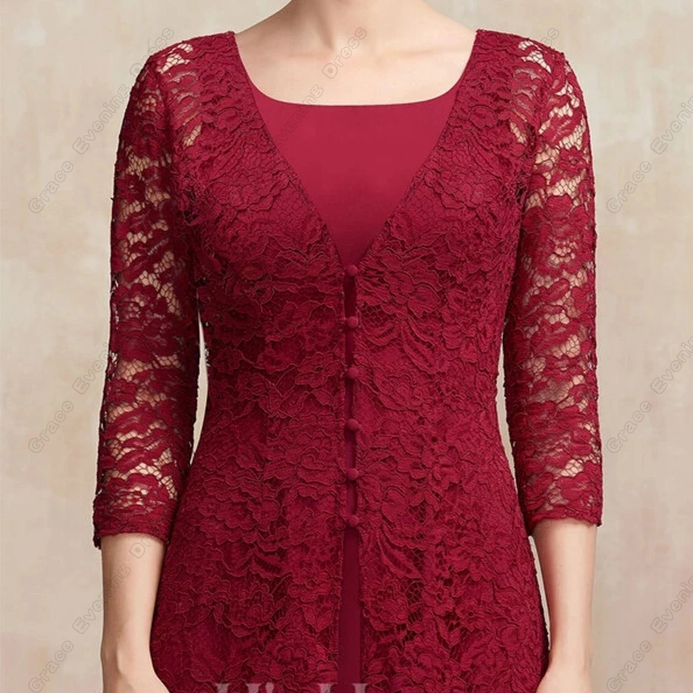 فساتين أم العروس بسيطة باللون العنابي مع دانتيل ثلاثة أرباع لحفلات الزفاف 2025 صيف جديد طول الشاي فيستدو دي نوش